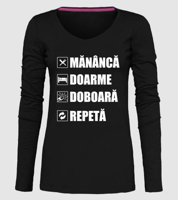 mănâncă doarme doarme doboară repetă model negru pe tricou