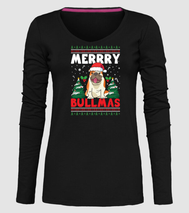 Merry bullmas ugly sweater model negru pe tricou