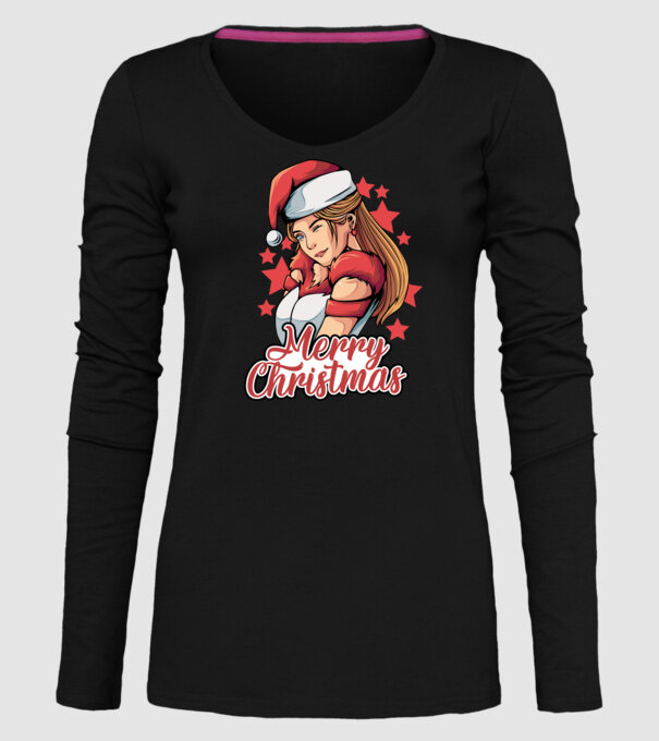 Merry christmas santa girl model negru pe tricou