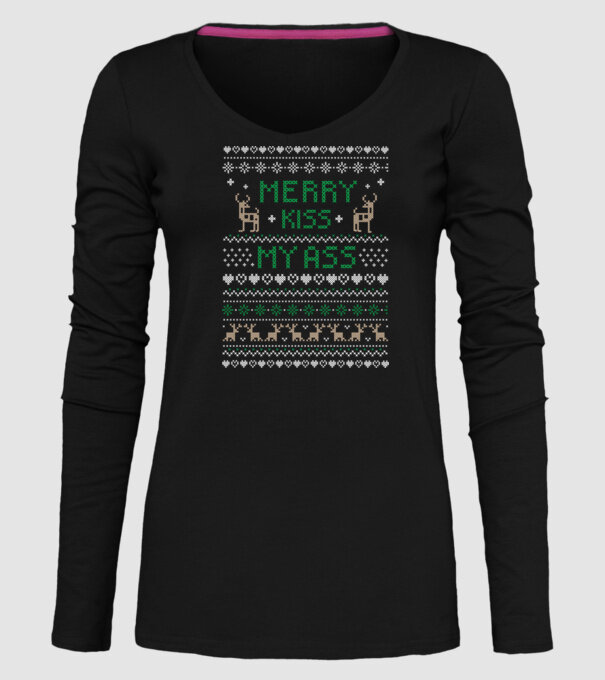 Merry kiss my ass ugly sweater model negru pe tricou