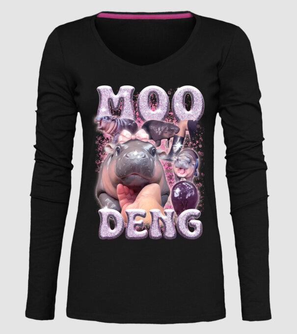 MOO DENG baby hippo model negru pe tricou