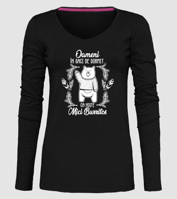 oameni în saci de dormit... ca niște mici burritos model negru pe tricou