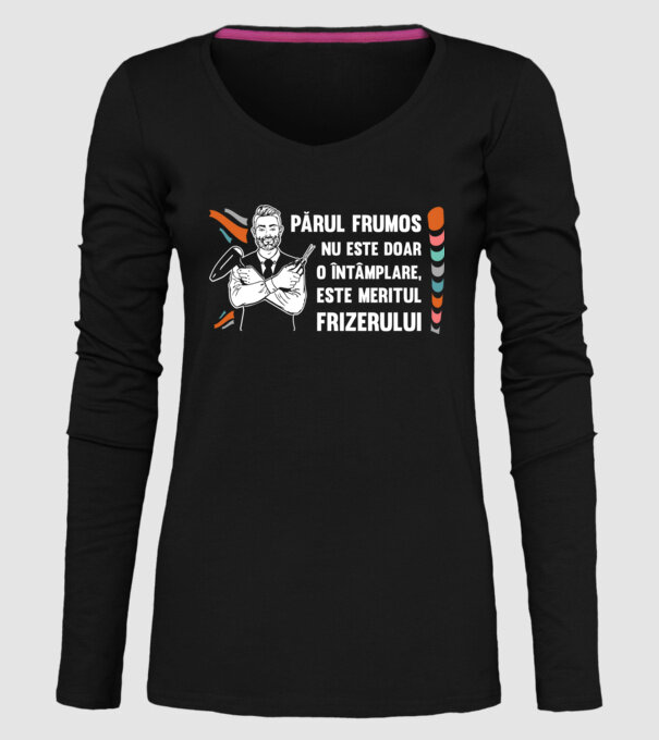 părul frumos nu este doar o întâmplare, este meritul frizerului model negru pe tricou