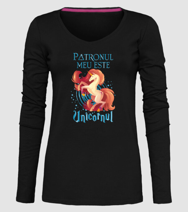 Patronul meu este UNICORNUL model negru pe tricou