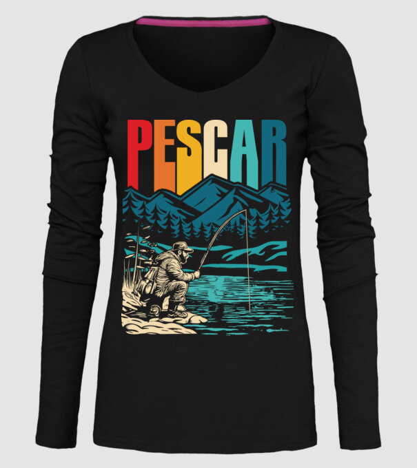 Pescar retro model negru pe tricou