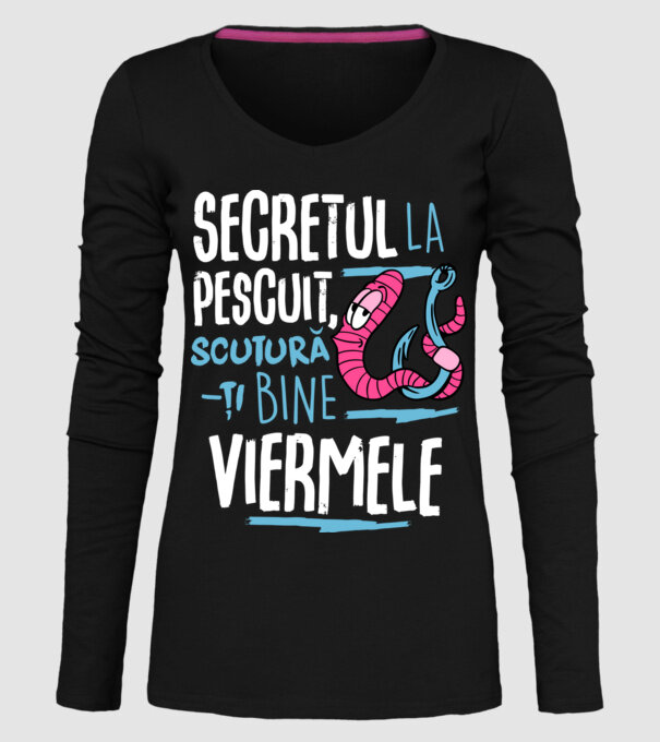 Secretul la pescuit scutură-ți bine viermele model negru pe tricou