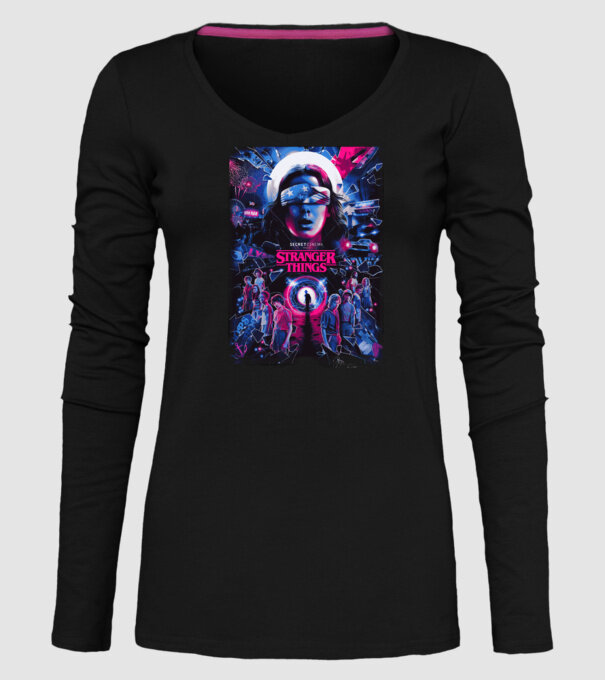 stranger things poster neon model negru pe tricou