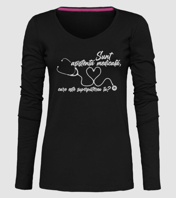 Sunt asistentă medicală, care este superputerea ta? model negru pe tricou