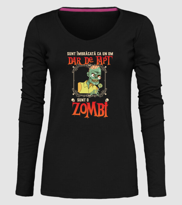 sunt îmbrăcat ca un om, dar de fapt sunt un zombi model negru pe tricou