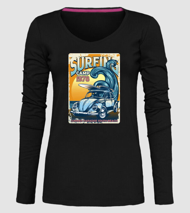 Surfer Camp model negru pe tricou