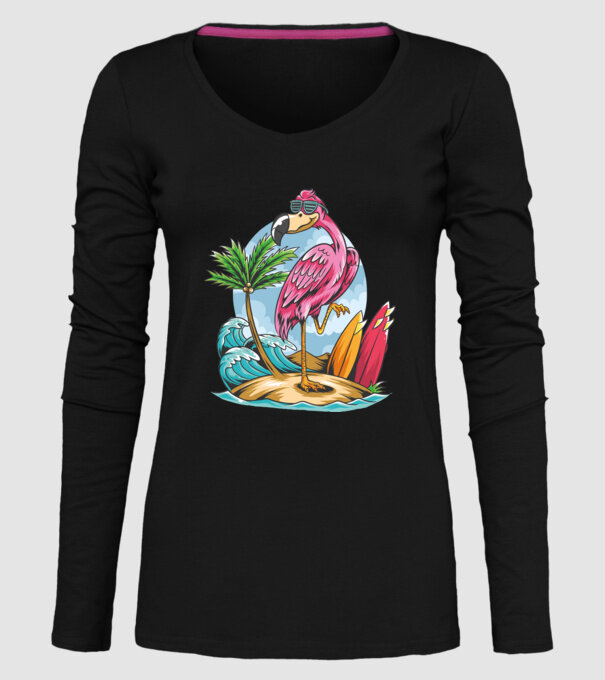 Surfer flamingo model negru pe tricou