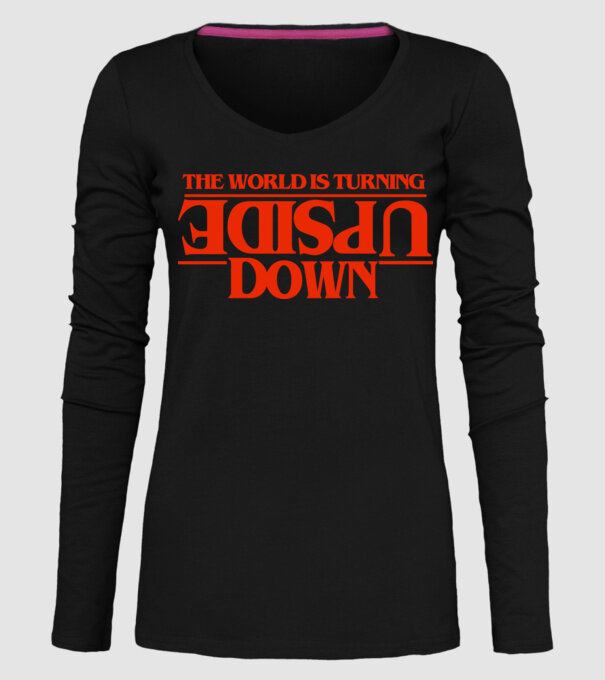 the world is turning upside down model negru pe tricou
