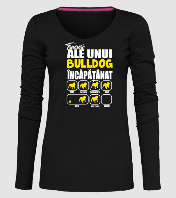 trucuri ale unui bulldog englezesc încăpățânat stai, culcă-te, întoarce-te, vino, adu, bate palma, rămâi model negru pe tricou
