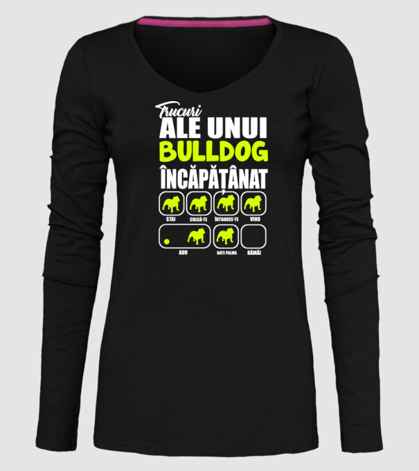 trucuri ale unui bulldog englezesc încăpățânat stai, culcă-te, întoarce-te, vino, adu, bate palma, rămâi model negru pe tricou