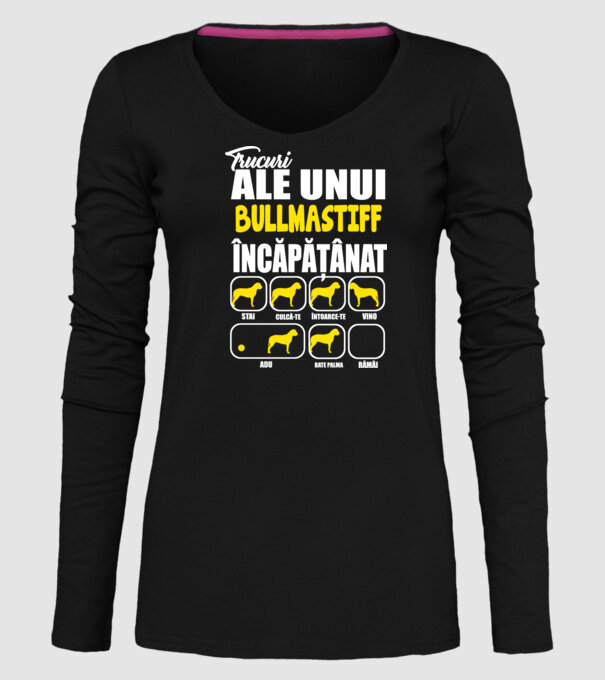 trucuri ale unui bullmastiff încăpățânat stai, culcă-te, întoarce-te, vino, adu, bate palma, rămâi model negru pe tricou