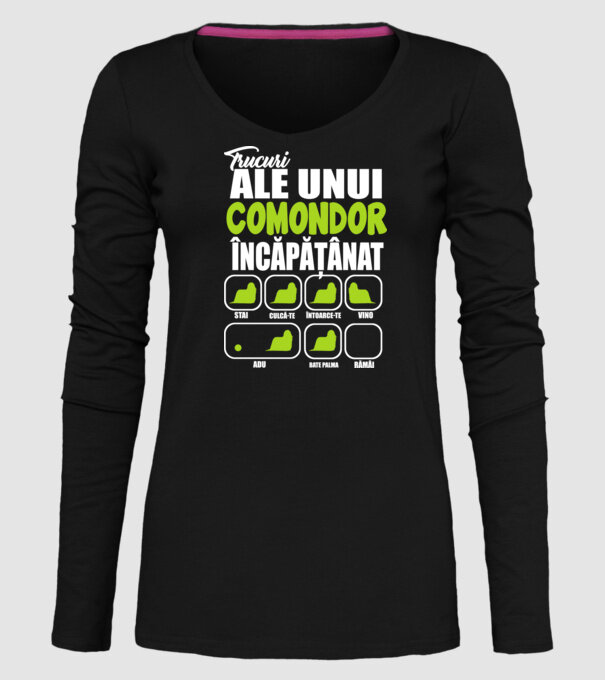 trucuri ale unui comondor încăpățânat stai, culcă-te, întoarce-te, vino, adu, bate palma, rămâi model negru pe tricou