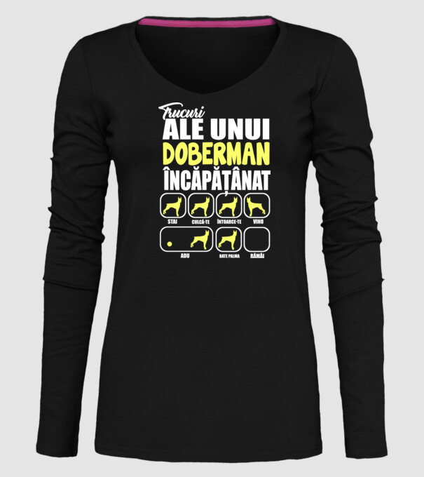 trucuri ale unui doberman încăpățânat stai, culcă-te, întoarce-te, vino, adu, bate palma, rămâi model negru pe tricou