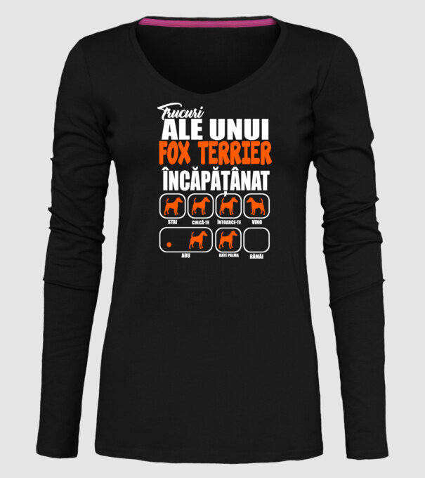 trucuri ale unui fox terrier încăpățânat stai, culcă-te, întoarce-te, vino, adu, bate palma, rămâi model negru pe tricou