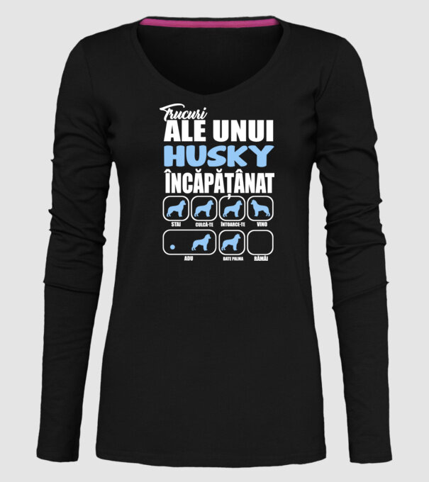trucuri ale unui husky încăpățânat stai, culcă-te, întoarce-te, vino, adu, bate palma, rămâi model negru pe tricou