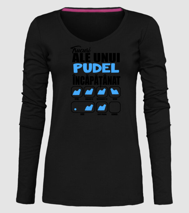 trucuri ale unui pudel încăpățânat stai, culcă-te, întoarce-te, vino, adu, bate palma, rămâi model negru pe tricou