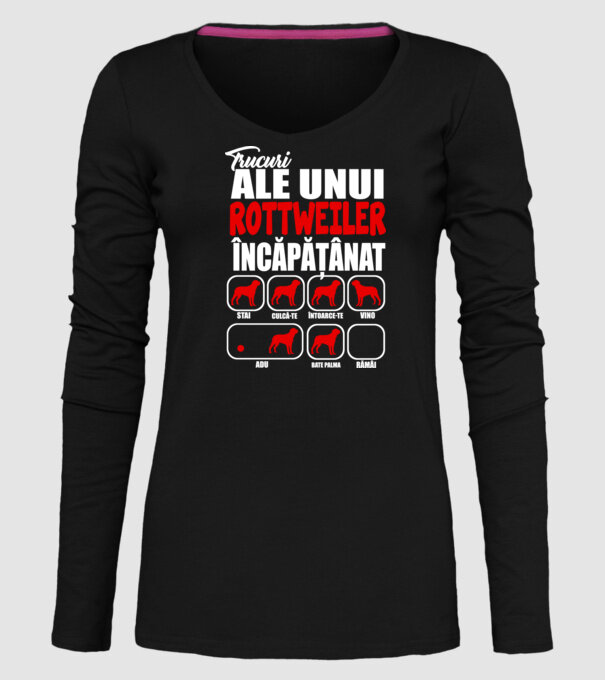 Trucuri ale unui rottweiler încăpățânat stai, culcă-te, întoarce-te, vino, adu, bate palma, rămâi model negru pe tricou