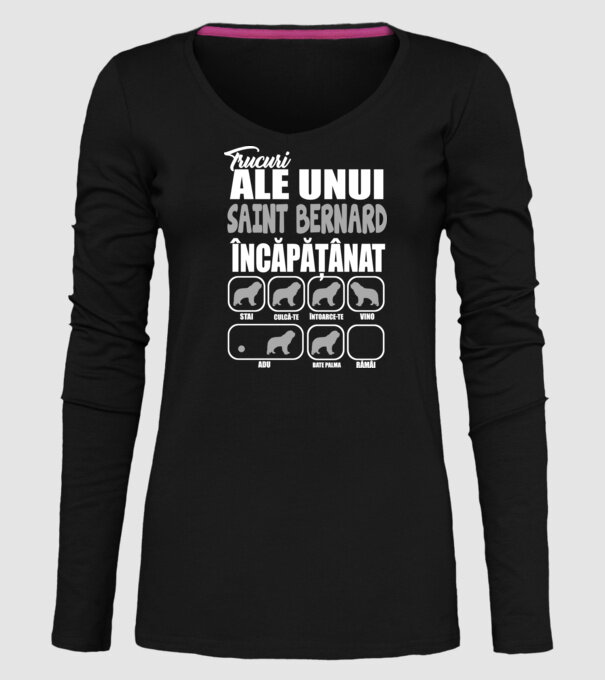trucuri ale unui Saint Bernard încăpățânat stai, culcă-te, întoarce-te, vino, adu, bate palma, rămâi model negru pe tricou