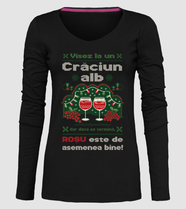 Visez la un Crăciun alb dar dacă se termină, Roșu este de asemenea bine! Negru model negru pe tricou