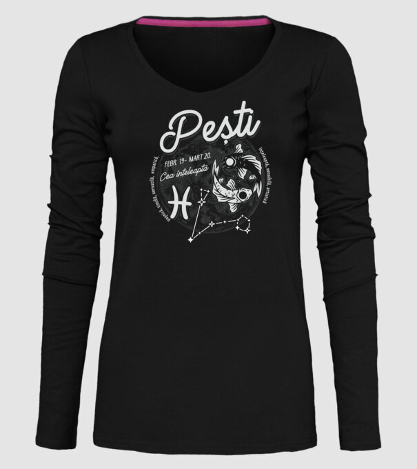 Zodiac femeie PEȘTI retro model negru pe tricou