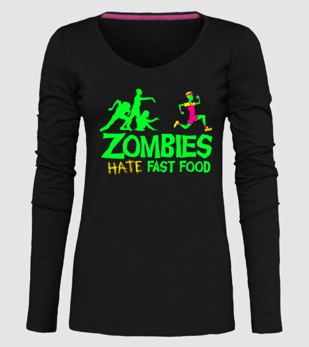 Zombies Hate Fast Food model negru pe tricou