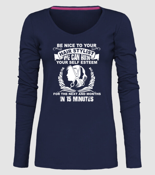 Be nice to your hair stylist model albastru închis pe tricou