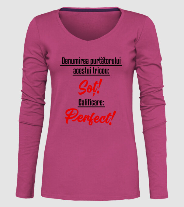 Denumirea purtătorului acestui tricou: Soț! Calificare: Perfect! model roz pe tricou