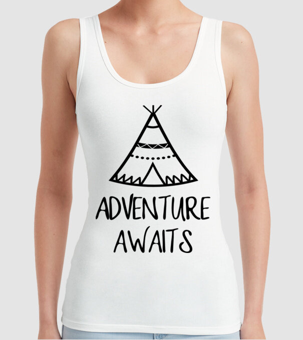 Adventure awaits teepee model alb pe tricou