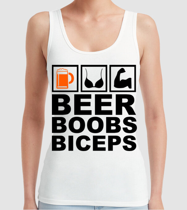 Beer Boobs Biceps model alb pe tricou