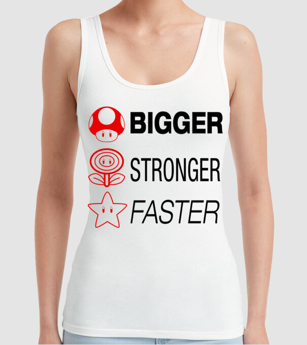 bigger stronger faster model alb pe tricou