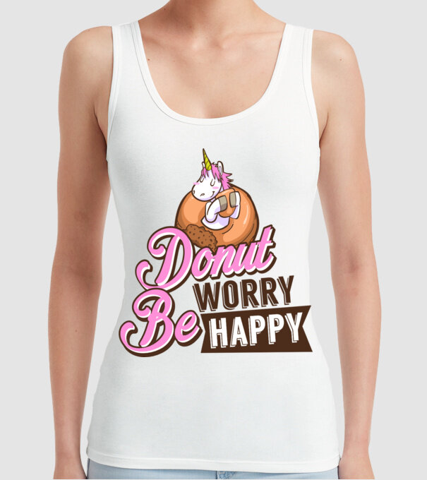Donut worry be happy model alb pe tricou