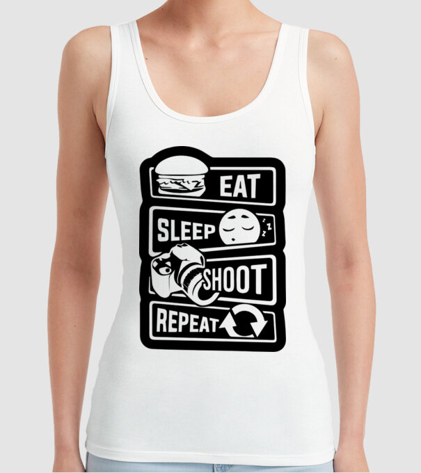 eat sleep shoot repeat model alb pe tricou