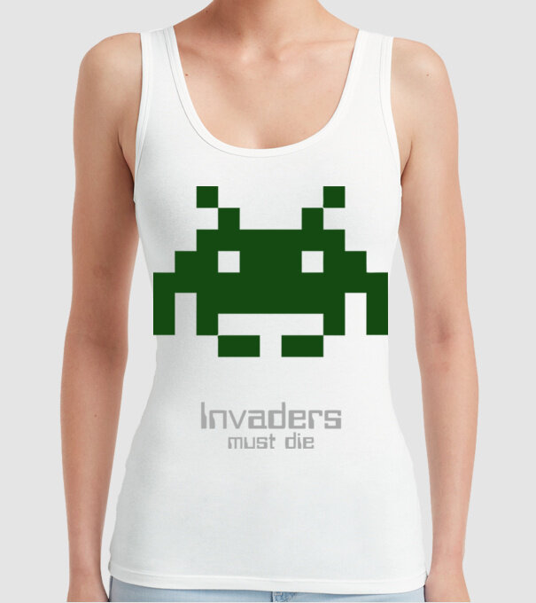 Invaders Must Die model alb pe tricou
