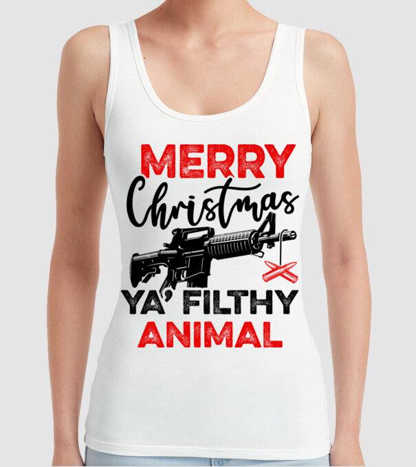 Merry Christmas Ya Filthy Animal model alb pe tricou