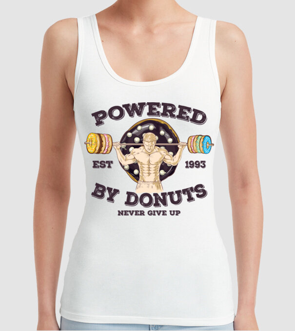 Powered by donuts model alb pe tricou