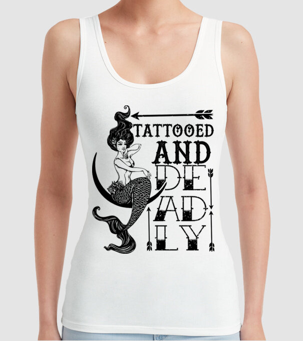 Tattooed and deadly mermaid model alb pe tricou