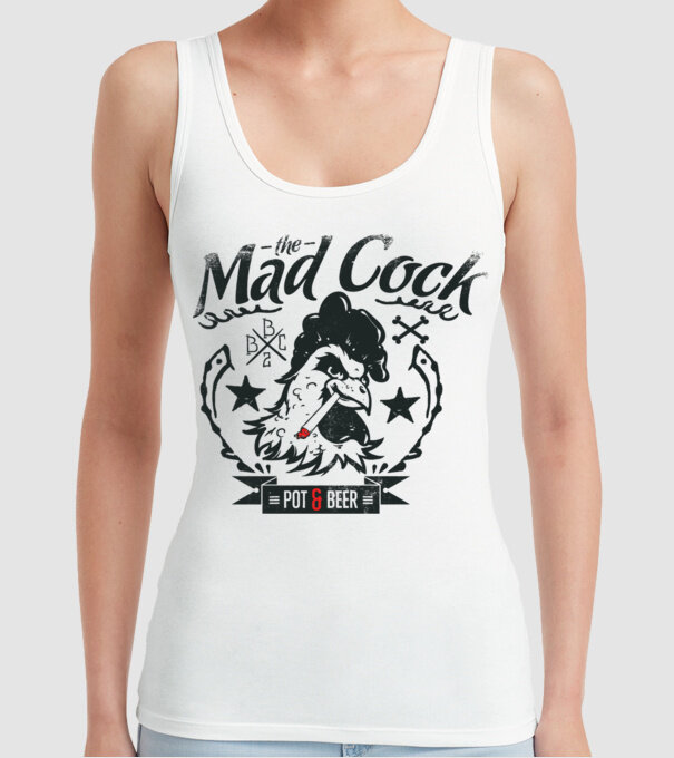 The Mad Cock model alb pe tricou