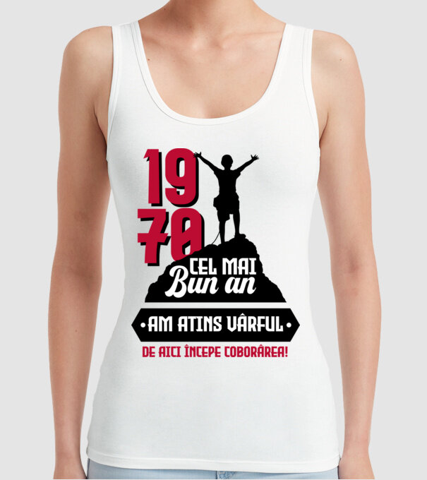 1970 cel mai bun an. Am atins vârful, de aici începe coborârea. model alb pe tricou