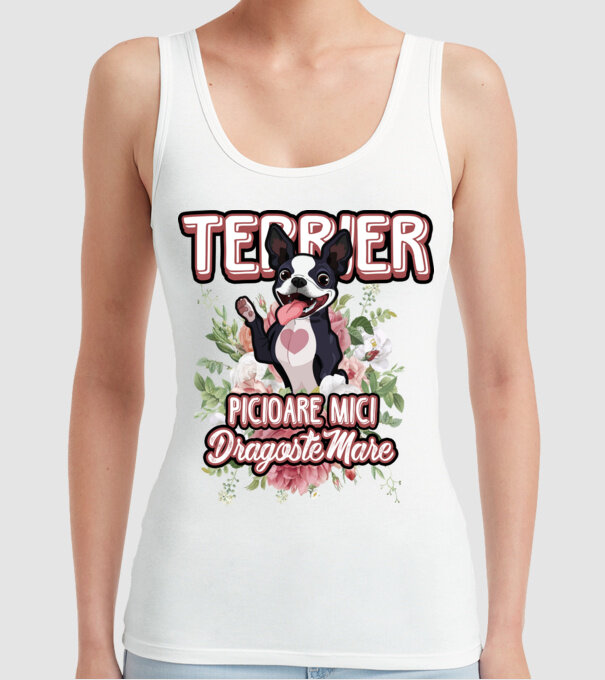 terrier : picioare mici dragoste mare model alb pe tricou