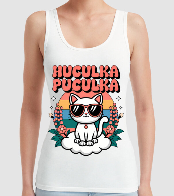 Huculka Puculka pisică 1 model alb pe tricou