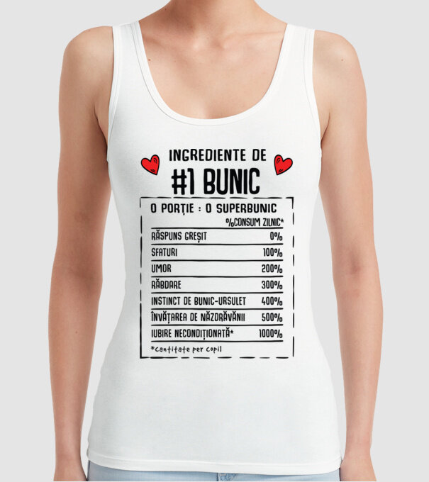 Ingrediente Bunic - o porție : un superbunic - %consum zilnic* răspuns greșit, sfaturi, umor, răbdare, instinct de bunic-ursuleț model alb pe tricou