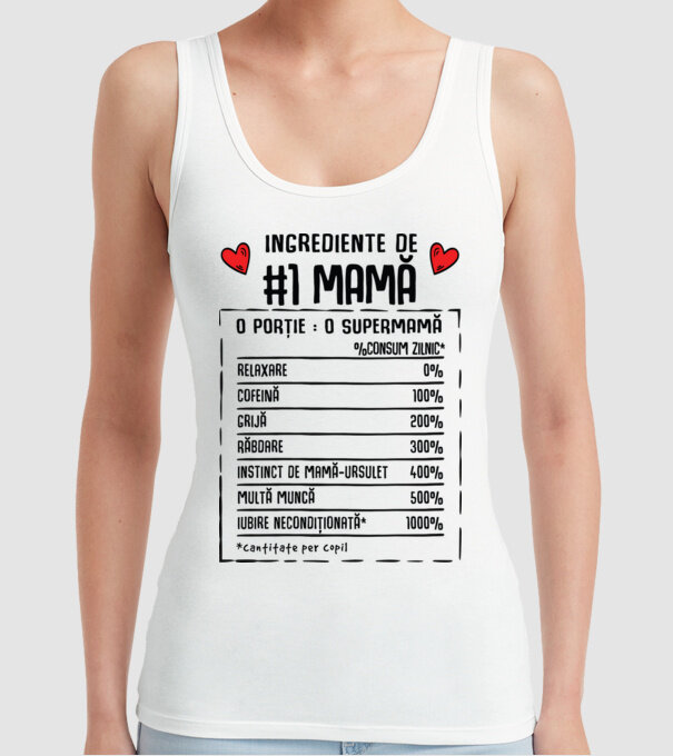 Ingrediente de Mamă - o porție : o supermamă - %consum zilnic* relaxare, cofeină, grijă, răbdare, instinct de mamă-ursuleț, mult model alb pe tricou