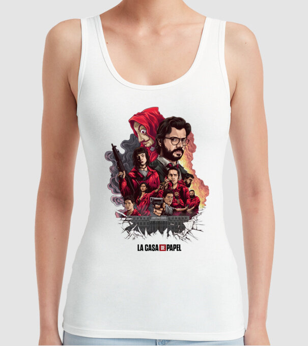 la casa de papel poster theme model alb pe tricou