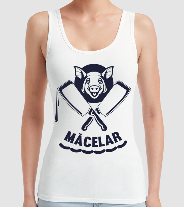 măcelar model alb pe tricou