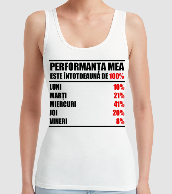 performanța mea este întotdeauna de 100% : luni, marți, miercuri, joi, vineri model alb pe tricou