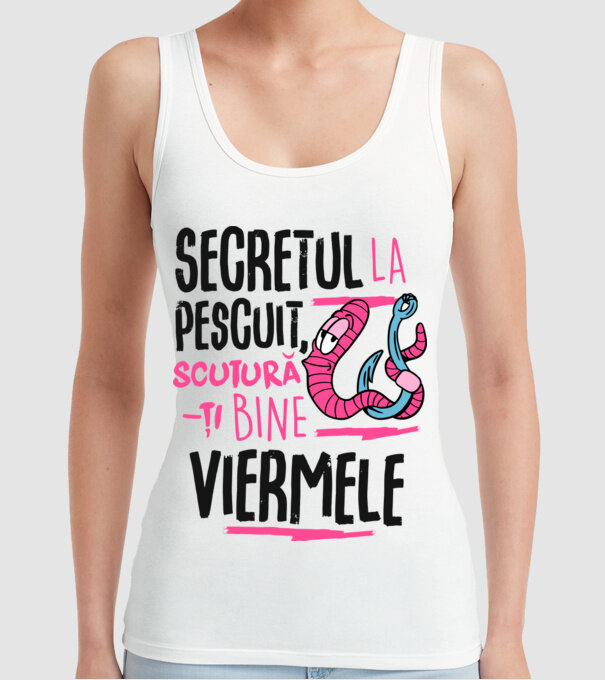 Secretul la pescuit scutură-ți bine viermele model alb pe tricou